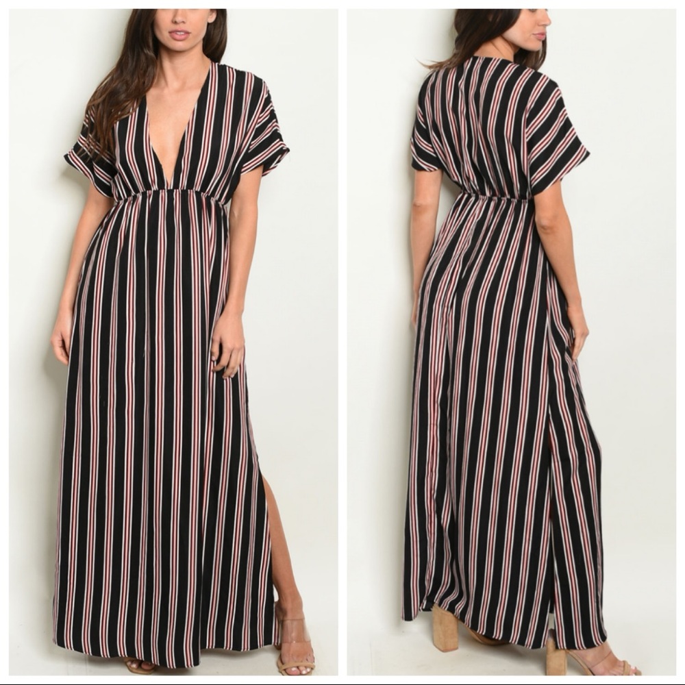 NEW Black and Red Striped Deep V Maxi Dress
